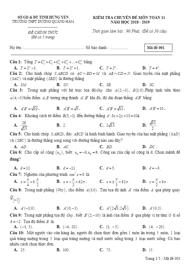 Kiểm tra chuyên đề lớp 11 môn Toán năm 2018 – 2019 trường Dương Quảng Hàm – Hưng Yên