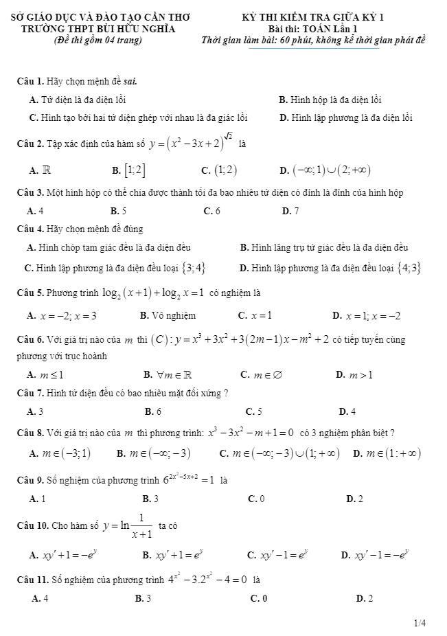 Kỳ thi kiểm tra giữa kỳ I bài thi lớp 12 môn Toán trường THPT Bùi Hữu Nghĩa Cần Thơ