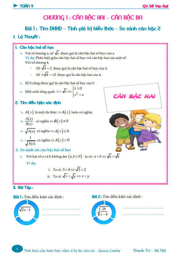 Lý thuyết và bài tập lớp 9 môn Toán học kì 1 (HK1) Đỗ Văn Đạt