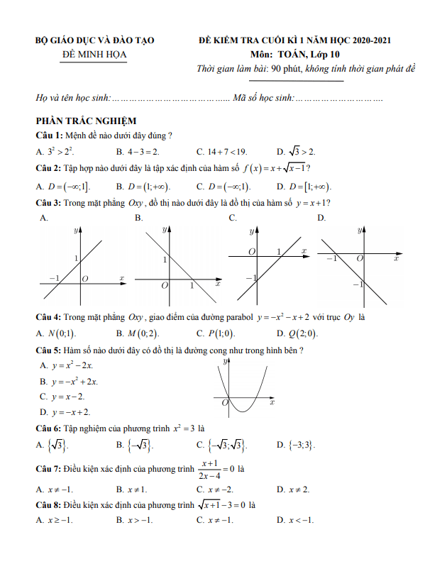 Ma trận, bảng đặc tả kĩ thuật và đề minh họa kiểm tra cuối học kì 1 (HK1) lớp 10 môn Toán