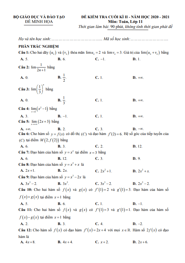 Ma trận, bảng đặc tả kĩ thuật và đề minh họa kiểm tra cuối học kì 2 (HK2) lớp 11 môn Toán