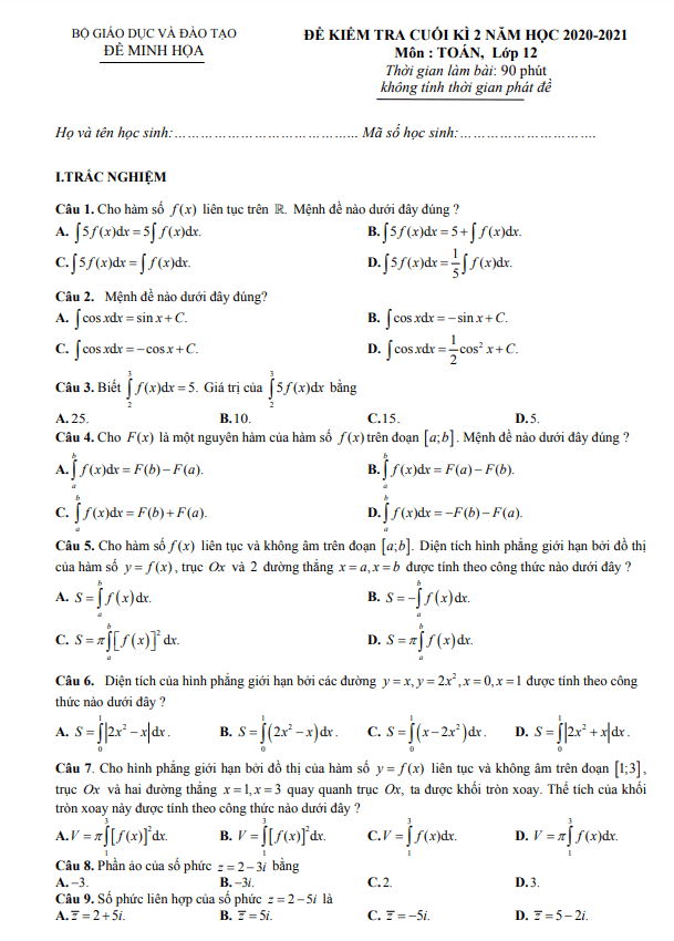 Ma trận, bảng đặc tả kĩ thuật và đề minh họa kiểm tra cuối học kì 2 (HK2) lớp 12 môn Toán