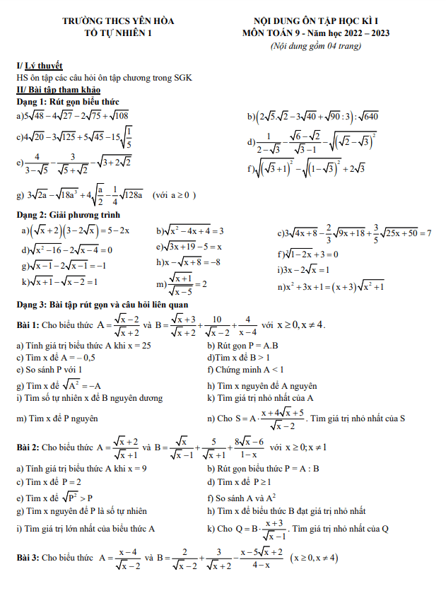 Nội dung ôn tập học kì 1 (HK1) lớp 9 môn Toán năm 2022 2023 trường THCS Yên Hòa Hà Nội