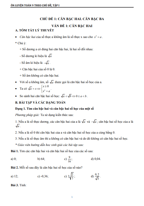 Ôn luyện lớp 9 môn Toán theo chủ đề (tập 1)