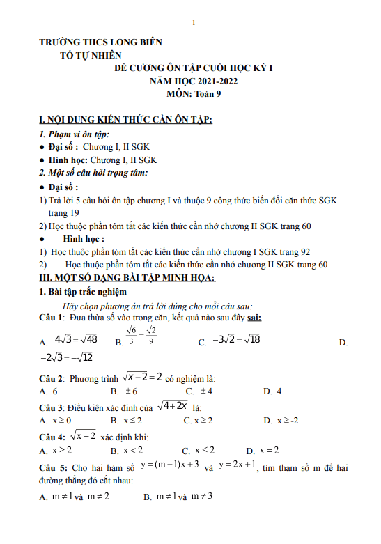 Ôn tập cuối học kì 1 (HK1) lớp 9 môn Toán năm 2021 2022 trường THCS Long Biên Hà Nội