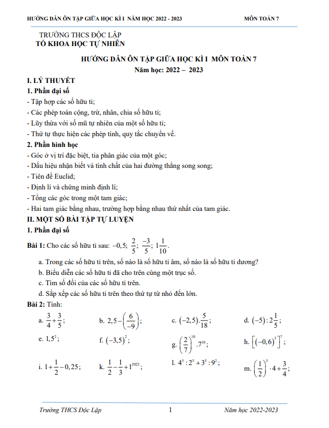 Ôn tập giữa học kì 1 (HK1) lớp 7 môn Toán năm 2022 2023 trường THCS Độc Lập Thái Nguyên