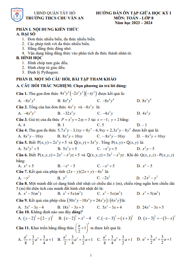 Ôn tập giữa học kì 1 (HK1) lớp 8 môn Toán năm 2023 2024 trường THCS Chu Văn An Hà Nội