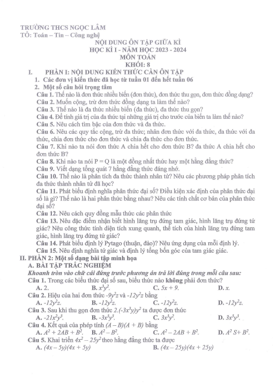 Ôn tập giữa học kì 1 (HK1) lớp 8 môn Toán năm 2023 2024 trường THCS Ngọc Lâm Hà Nội