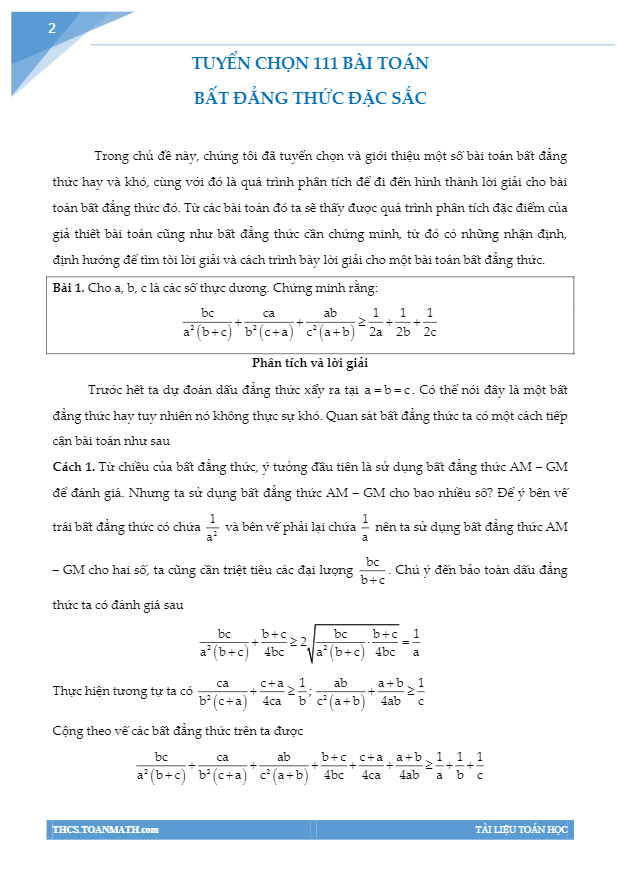 Phân tích bình luận 111 bài toán bất đẳng thức Nguyễn Công Lợi