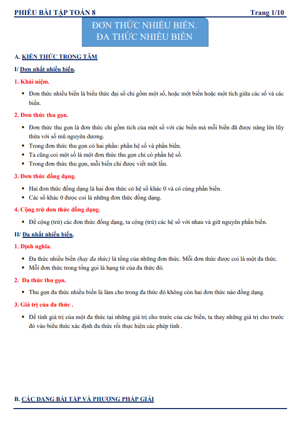 Phiếu bài tập lớp 8 môn Toán chủ đề đa thức, hằng đẳng thức đáng nhớ và ứng dụng