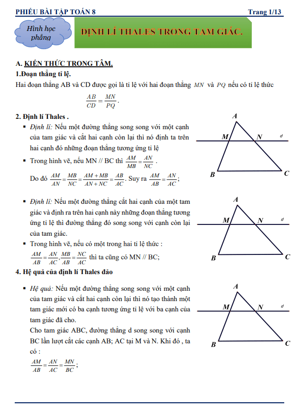 Phiếu bài tập lớp 8 môn Toán chủ đề định lí Thalès
