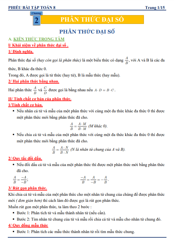 Phiếu bài tập lớp 8 môn Toán chủ đề phân thức đại số