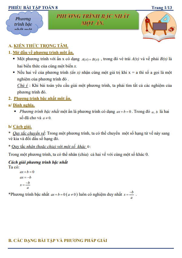 Phiếu bài tập lớp 8 môn Toán chủ đề phương trình bậc nhất và hàm số bậc nhất