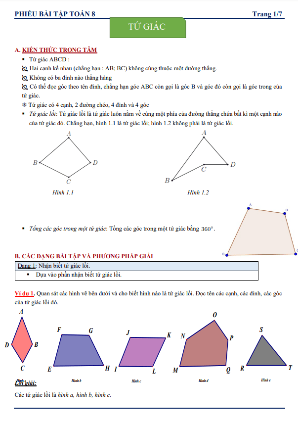 Phiếu bài tập lớp 8 môn Toán chủ đề tứ giác