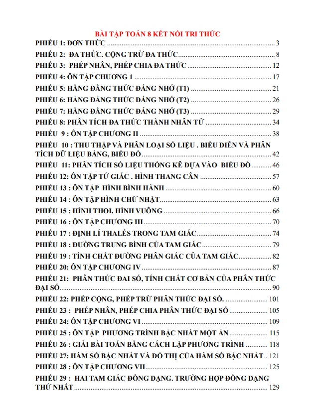 Phiếu bài tập lớp 8 môn Toán Kết Nối Tri Thức Với Cuộc Sống