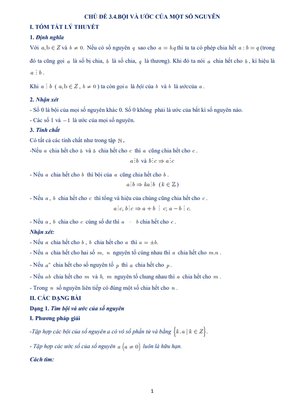 Tài liệu dạy thêm học thêm chuyên đề bội và ước của một số nguyên