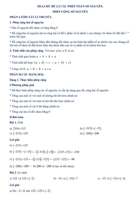 Tài liệu dạy thêm học thêm chuyên đề phép cộng và phép trừ số nguyên