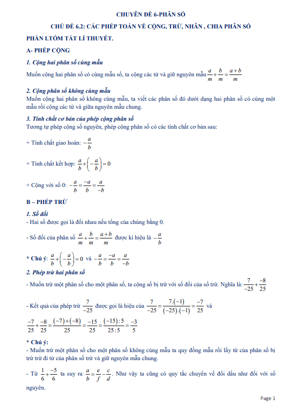 Tài liệu dạy thêm học thêm chuyên đề phép toán cộng, trừ, nhân, chia phân số