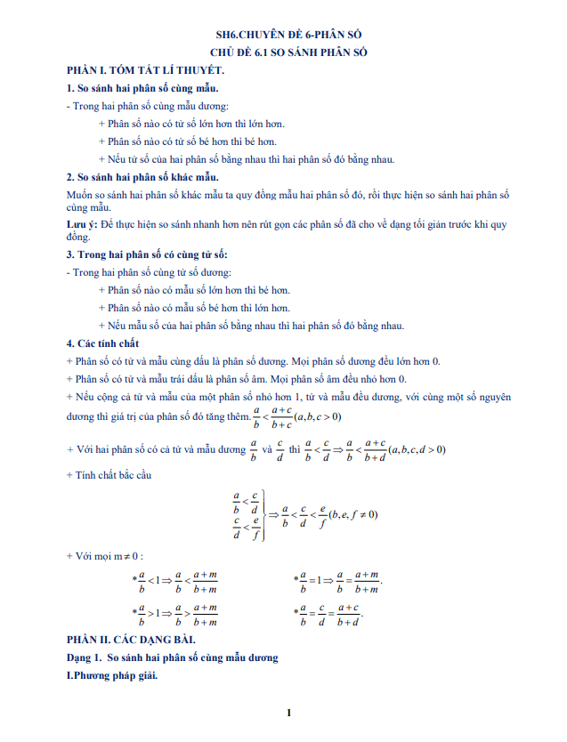 Tài liệu dạy thêm học thêm chuyên đề so sánh phân số