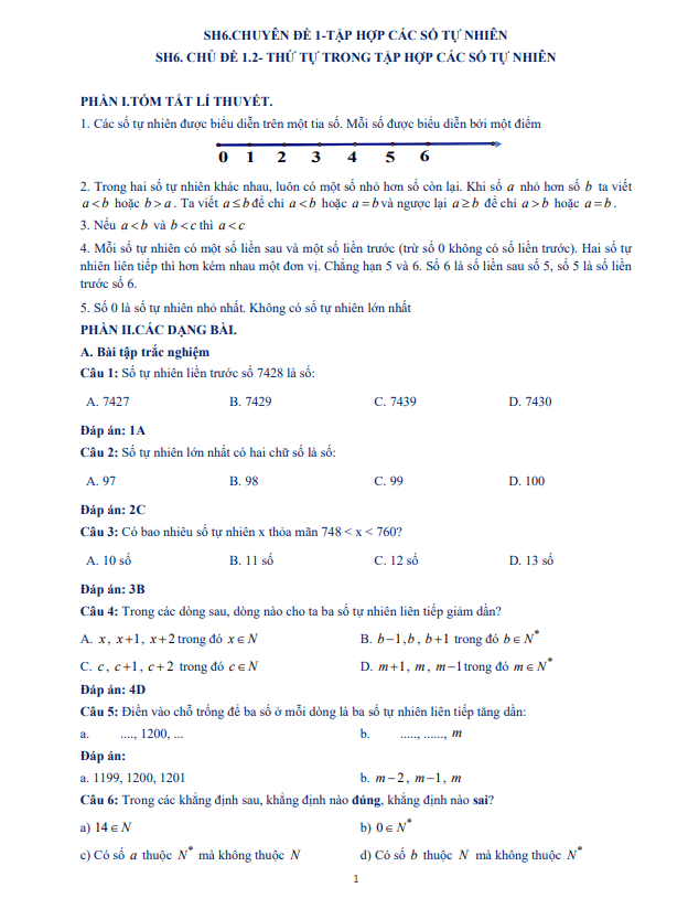 Tài liệu dạy thêm học thêm chuyên đề thứ tự trong tập hợp các số tự nhiên