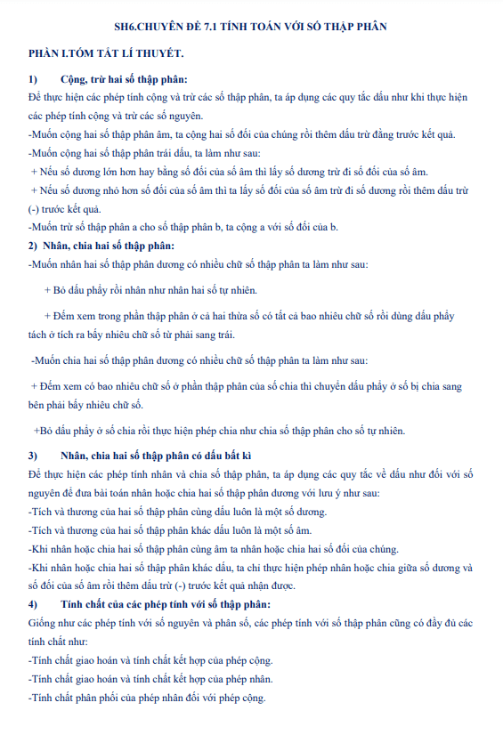 Tài liệu dạy thêm học thêm chuyên đề tính toán với số thập phân