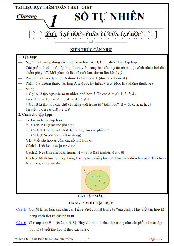 Tài liệu dạy thêm lớp 6 môn Toán Chân Trời Sáng Tạo học kì 1 (HK1)