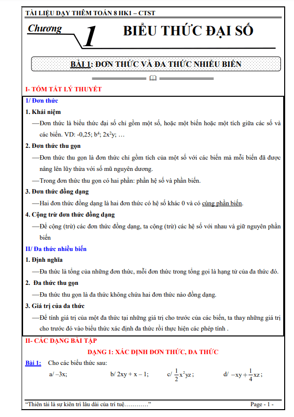Tài liệu dạy thêm lớp 8 môn Toán Chân Trời Sáng Tạo học kì 1 (HK1)