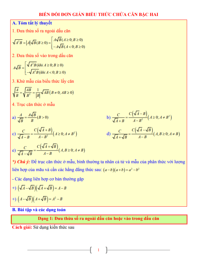 Tài liệu lớp 9 môn Toán chủ đề biến đổi đơn giản biểu thức chứa căn bậc hai