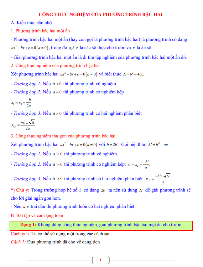 Tài liệu lớp 9 môn Toán chủ đề công thức nghiệm của phương trình bậc hai
