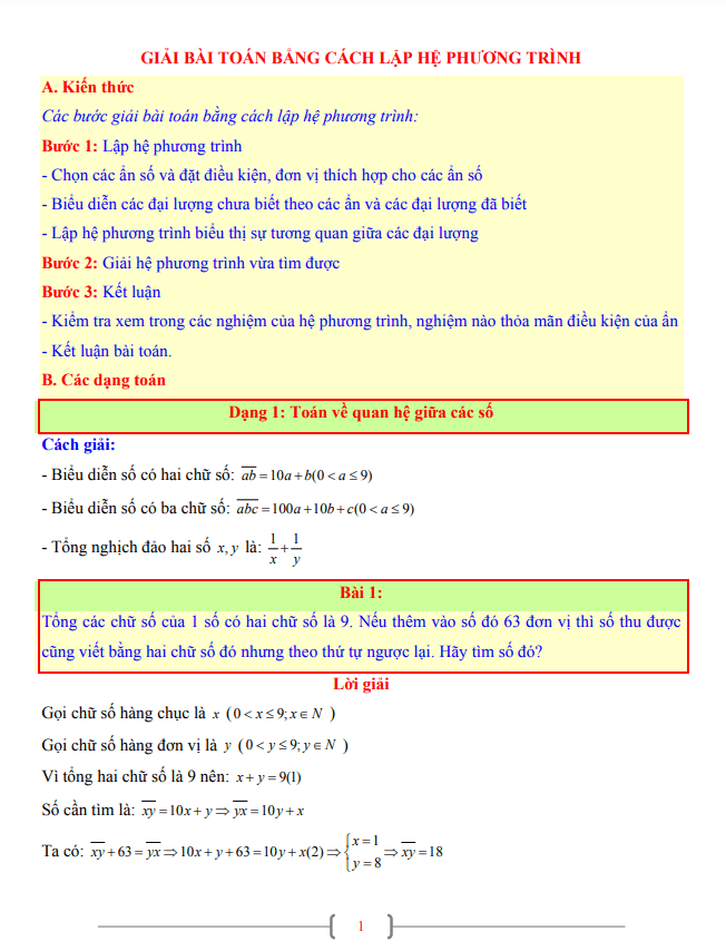 Tài liệu lớp 9 môn Toán chủ đề giải bài toán bằng cách lập hệ phương trình