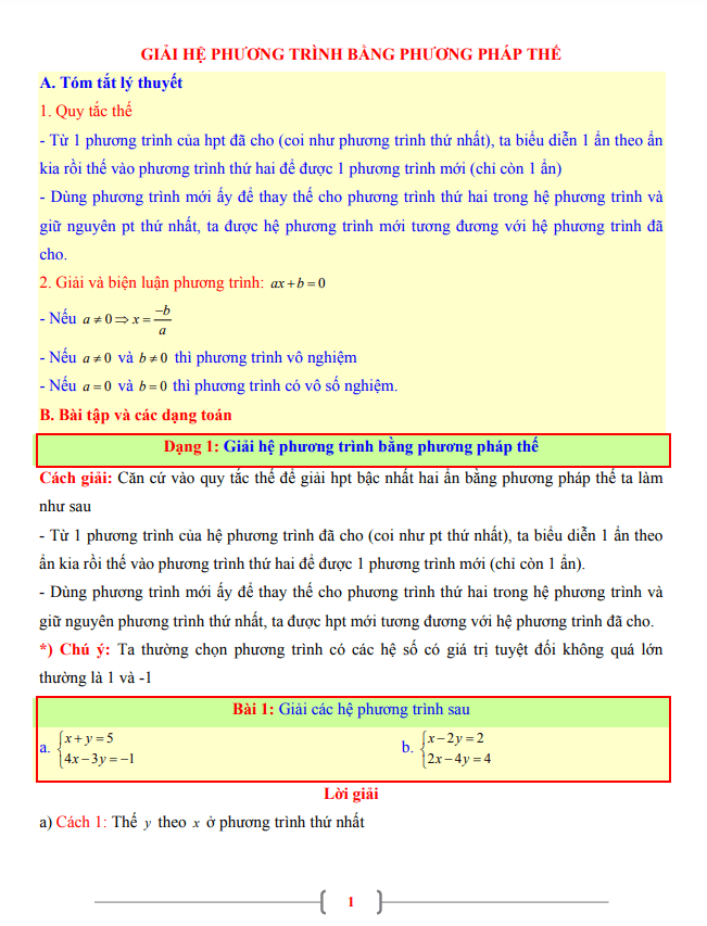 Tài liệu lớp 9 môn Toán chủ đề giải hệ phương trình bằng phương pháp thế