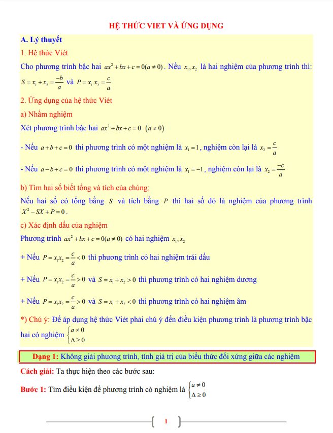 Tài liệu lớp 9 môn Toán chủ đề hệ thức Vi-ét và ứng dụng