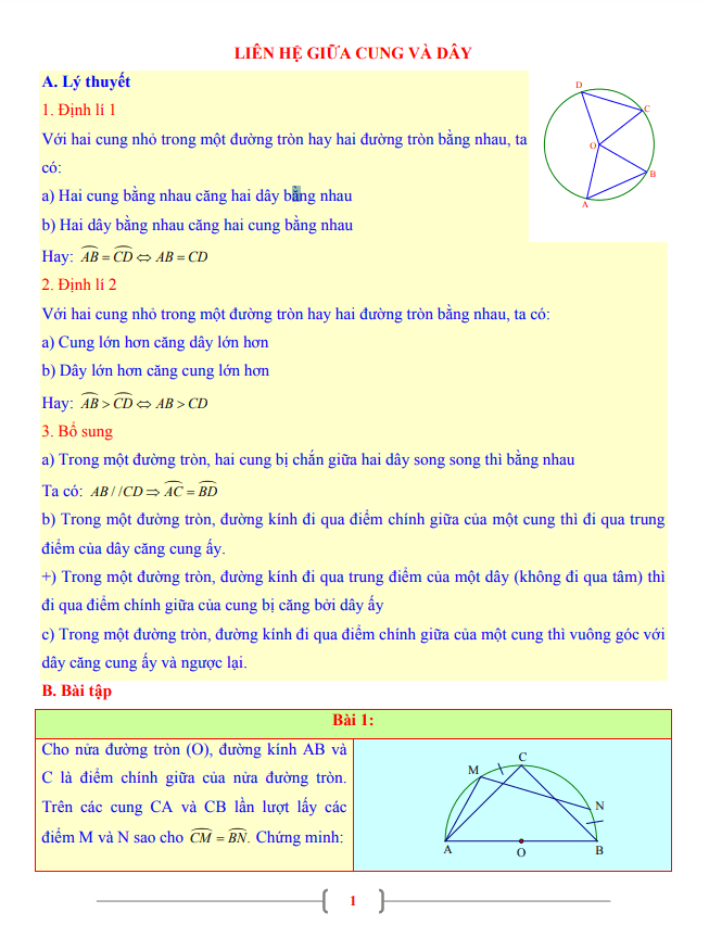 Tài liệu lớp 9 môn Toán chủ đề liên hệ giữa cung và dây