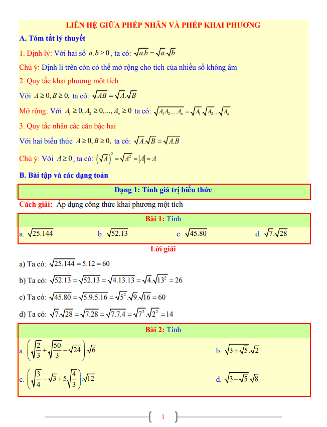 Tài liệu lớp 9 môn Toán chủ đề liên hệ giữa phép nhân và phép khai phương