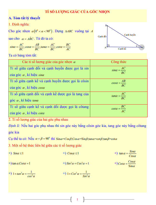 Tài liệu lớp 9 môn Toán chủ đề tỉ số lượng giác của góc nhọn