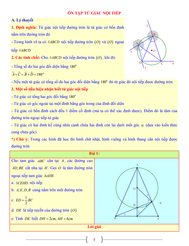 Tài liệu lớp 9 môn Toán chủ đề tứ giác nội tiếp