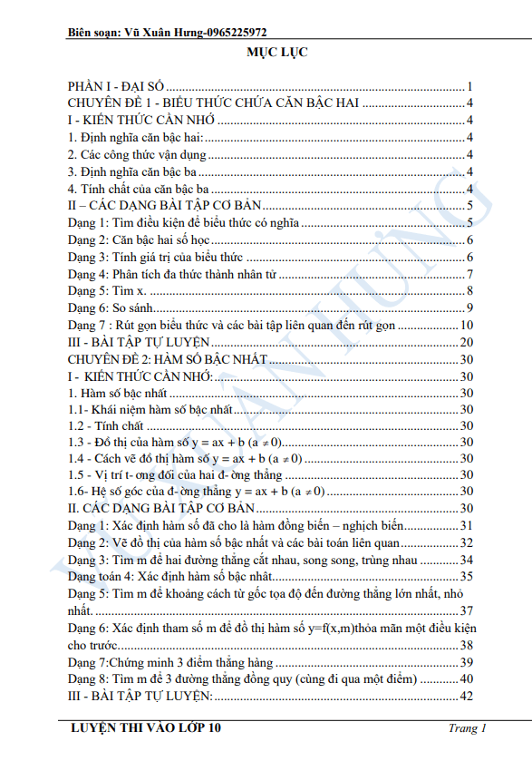 Tài liệu luyện thi vào môn Toán phần Đại số Vũ Xuân Hưng