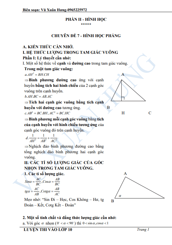 Tài liệu luyện thi vào môn Toán phần Hình học Vũ Xuân Hưng