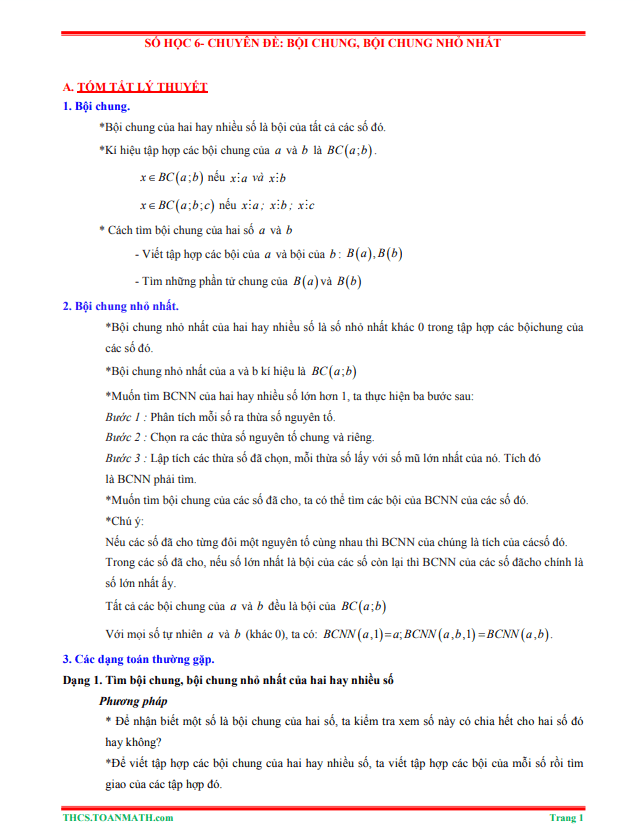 Tóm tắt lý thuyết và bài tập trắc nghiệm chuyên đề bội chung, bội chung nhỏ nhất