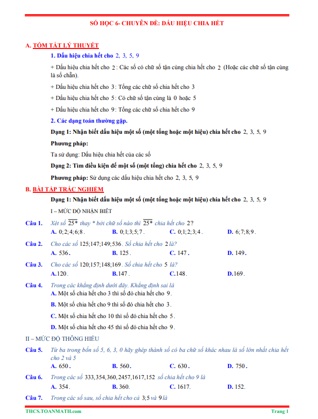 Tóm tắt lý thuyết và bài tập trắc nghiệm chuyên đề dấu hiệu chia hết