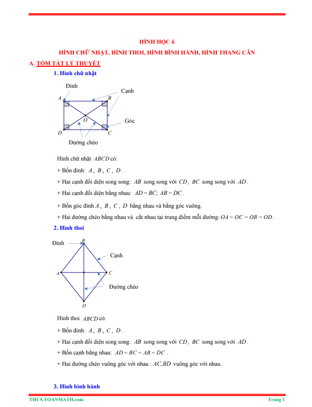 Tóm tắt lý thuyết và bài tập trắc nghiệm hình chữ nhật, hình thoi, hình bình hành, hình thang cân