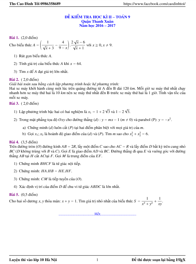 Tổng hợp đề thi học kì 2 (HK2) lớp 9 môn Toán năm học 2016 2017 các phòng GD và ĐT tại Hà Nội