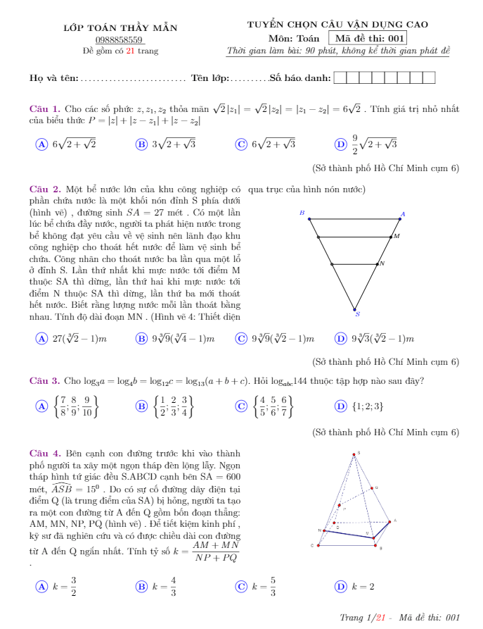 Tuyển chọn một số bài toán vận dụng cao ôn thi THPT Quốc gia Võ Quang Mẫn