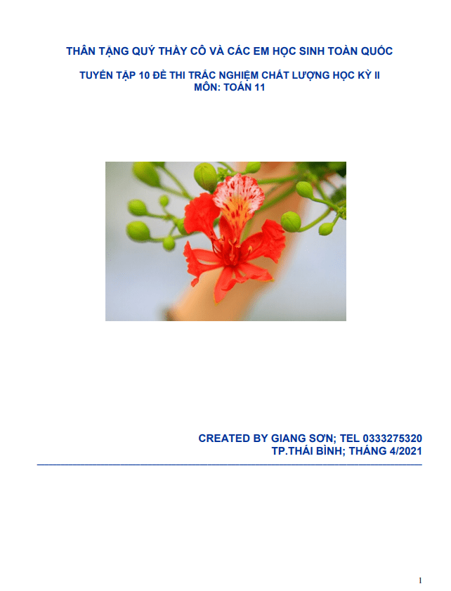 Tuyển tập 10 đề thi trắc nghiệm chất lượng học kỳ II lớp 11 môn Toán