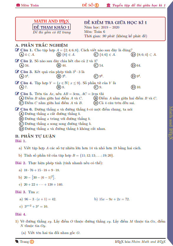 Tuyển tập 27 đề thi giữa học kì 1 (HK1) lớp 6 môn Toán
