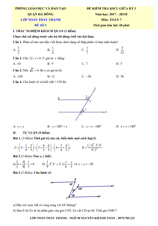 Tuyển tập 30 đề kiểm tra KSCL giữa học kì 1 (HK1) lớp 7 môn Toán