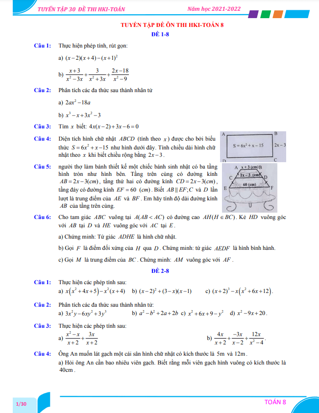 Tuyển tập 30 đề ôn thi cuối học kì 1 (HK1) lớp 8 môn Toán