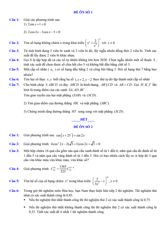 Tuyển tập 40 đề ôn thi cuối học kì 1 (HK1) lớp 11 môn Toán
