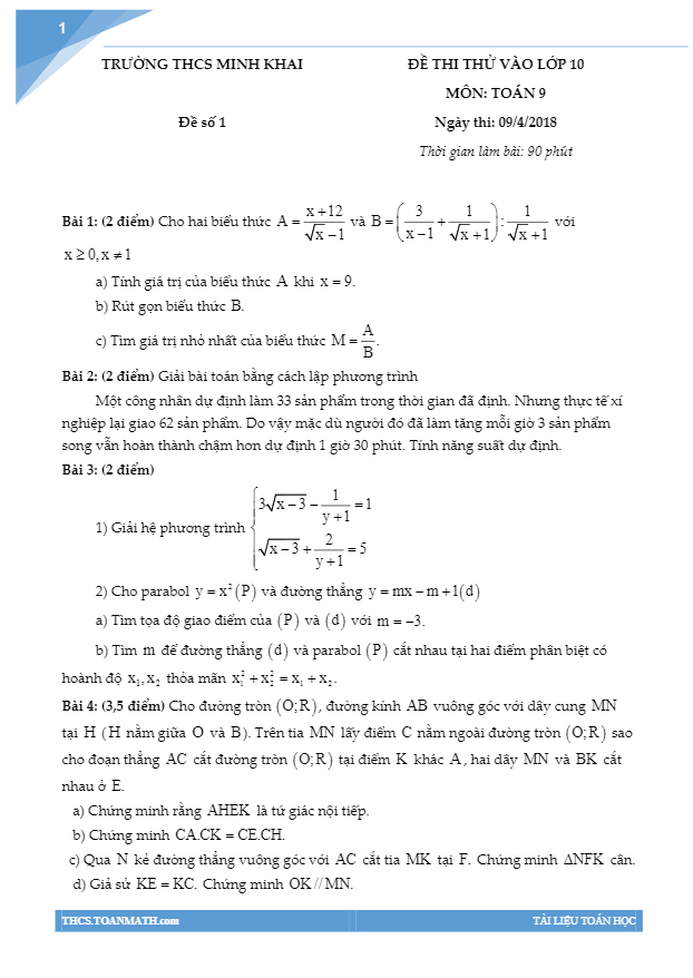 Tuyển tập 40 đề thi thử vào môn Toán các trường THCS tại Hà Nội