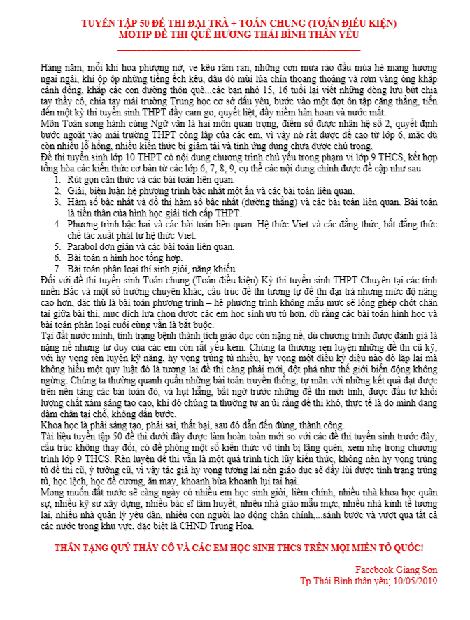 Tuyển tập 50 đề luyện thi tuyển sinh THPT sở GD ĐT Thái Bình